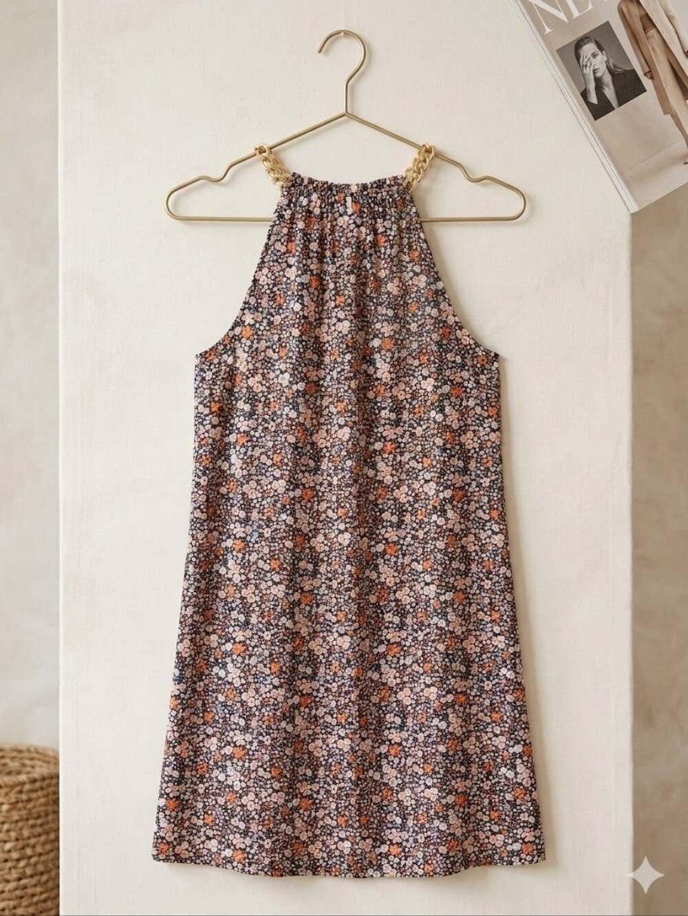 Michael Kors Navy & Orange Floral Halter Dress Chain Accent Size L